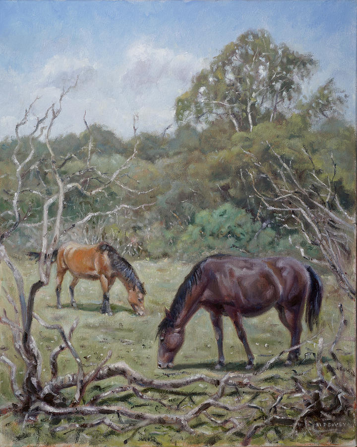 Two horses with burnt trees in the New Forest Painting by Martin Davey