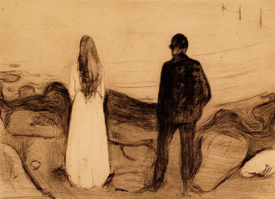 Edvard Munch Drawing - Two Human Beings The Lonely Ones  by Edvard Munch Norwegian