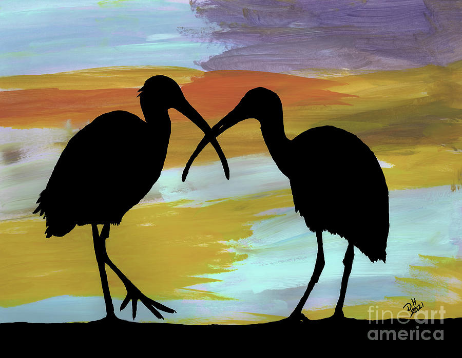 Two Ibis At Sunset Painting by D Hackett