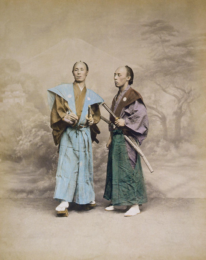 Two Japanese Men With Swords - Circa 1877 Photochrom Photograph by War Is Hell Store