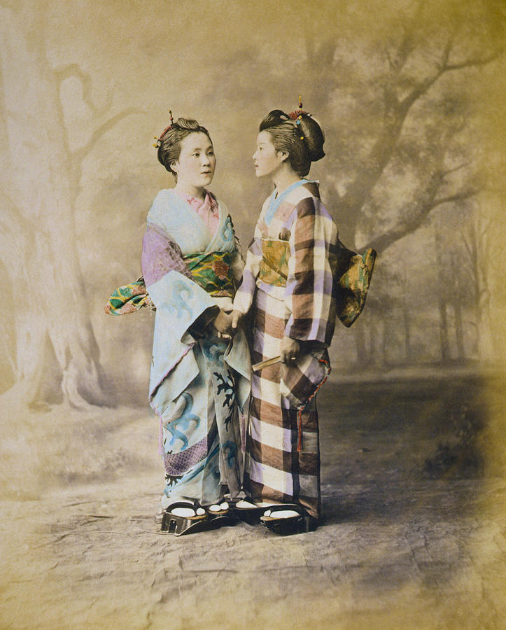 Two Japanese Women Wearing Kimonos - Circa 1877 Photochrom Photograph by War Is Hell Store