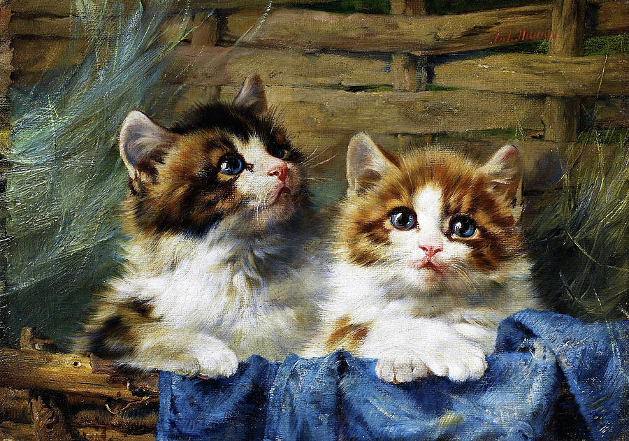 Animal Painting - Two kittens in a basket with blue cloth - Digital Remastered Edition by Julius Anton Adam