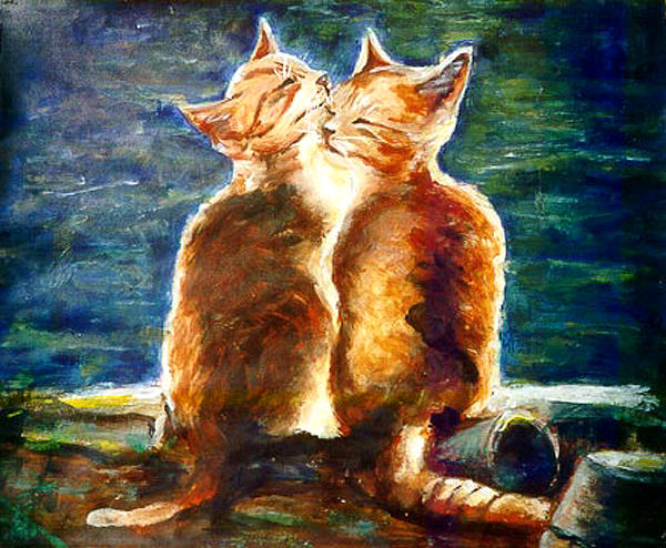 Two kittens on a roof Painting by Anneke Hut