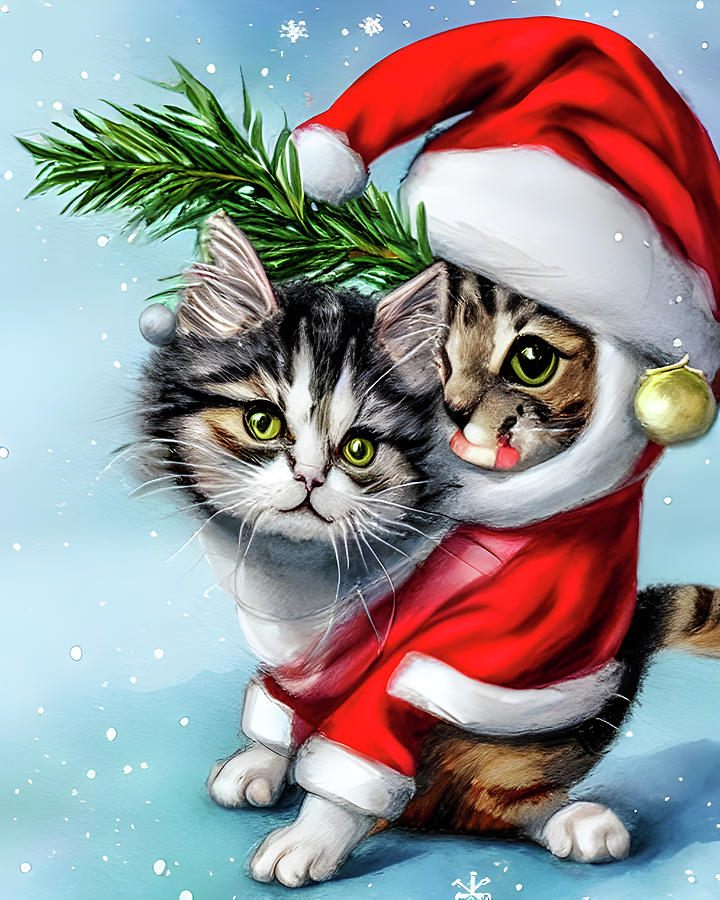 Two Kittens One Santa Suit Painting by Bob Orsillo