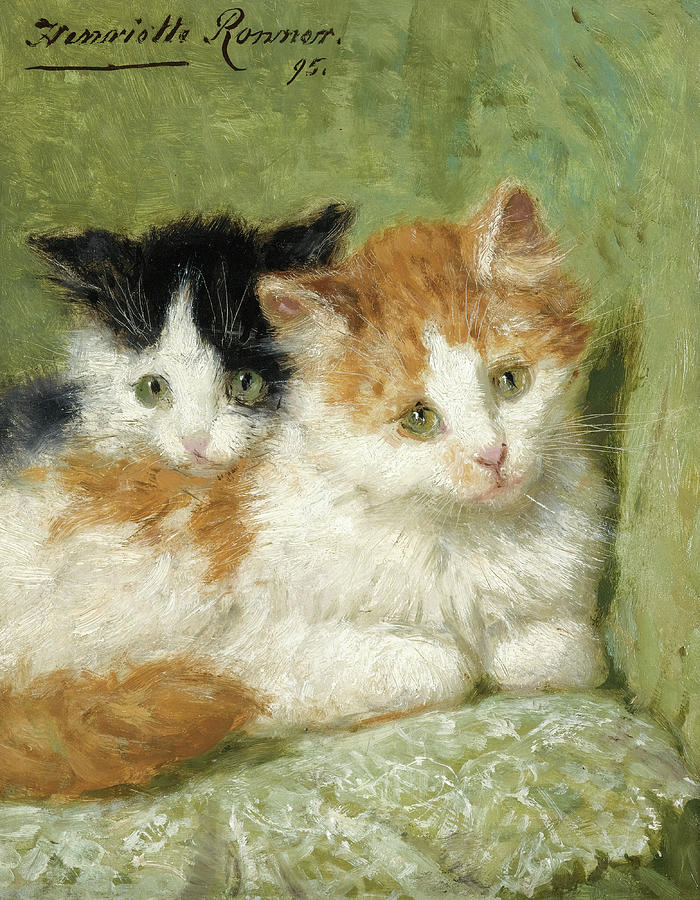 Two Kittens Sitting On A Cushion 1895 Painting by Henriette Ronner-Knip