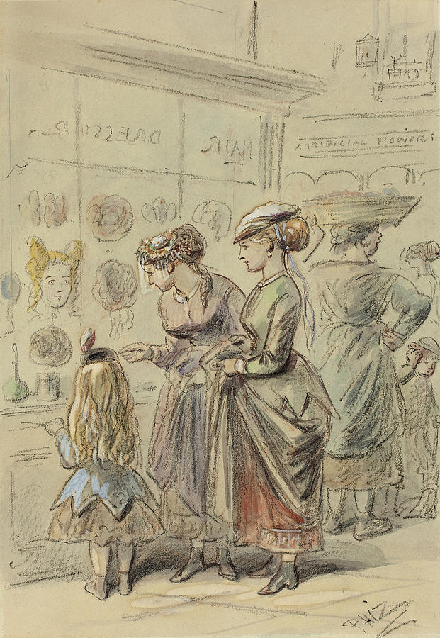 Two Ladies and Little Girl Before Hairdressers Shop Drawing by Hablot Knight Browne