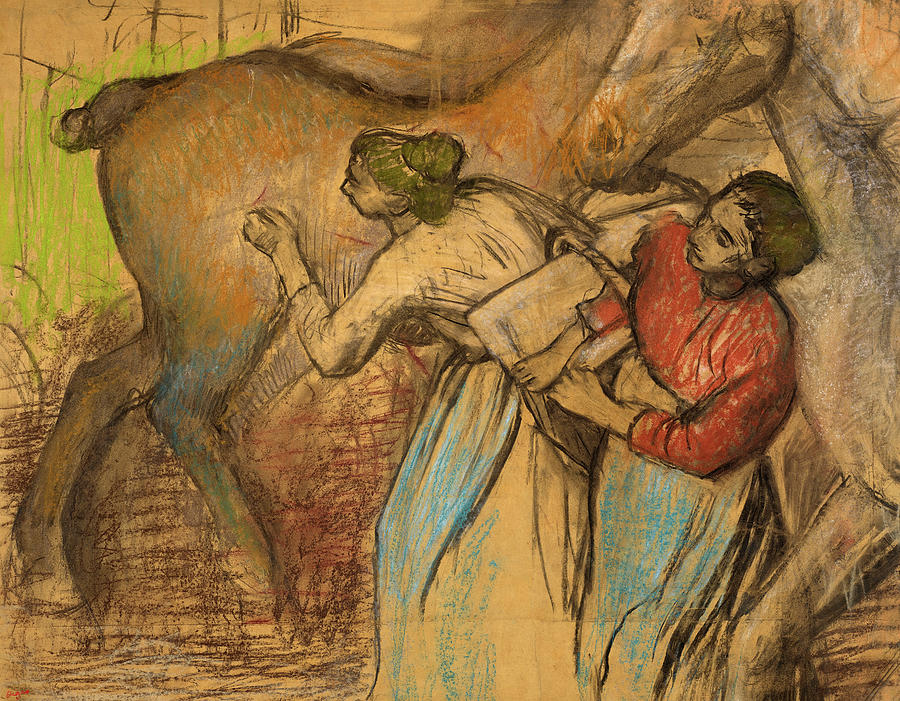 Edgar Degas Painting - Two Laundresses and a Horse by Edgar Degas