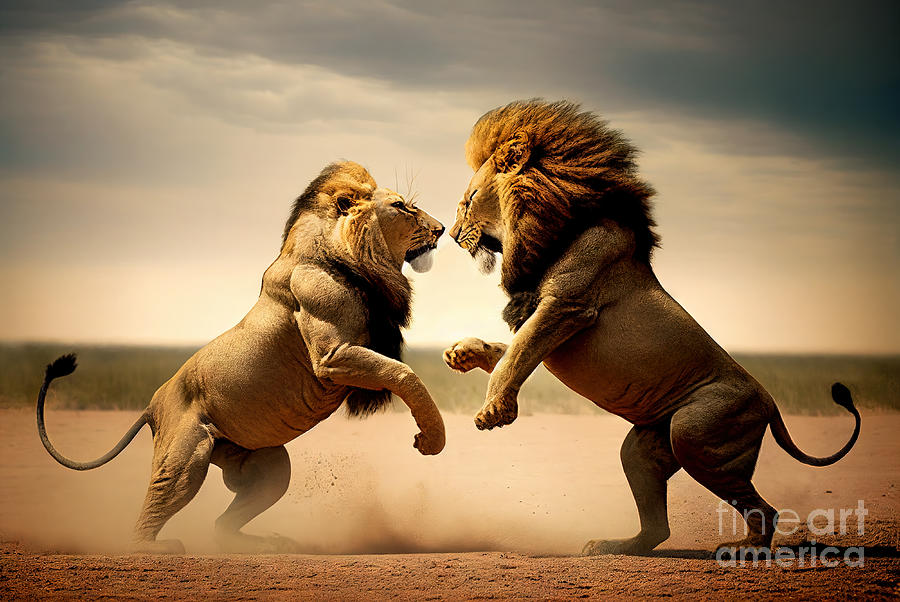 Wildlife Photograph - Two lions fight on safari in Africa by Michal Bednarek