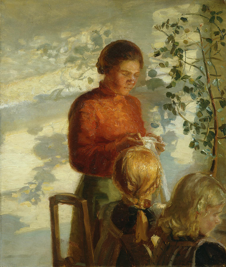 Two little girls teach sewing, ca 1910 Painting by O Vaering by Anna Ancher