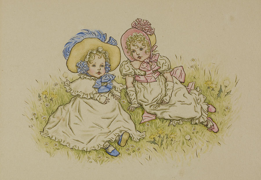 Two Little Girls with Bonnets Drawing by Kate Greenaway