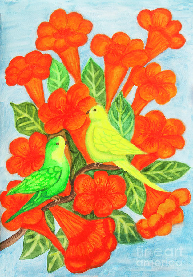 Two little parrots green and yelow on brach on campsis with orange flowers, watercolor painting Painting by Irina Afonskaya