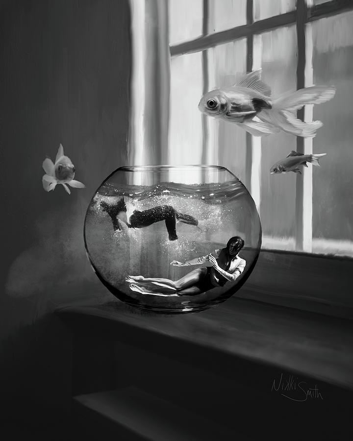 Pink Floyd Digital Art - Two Lost Souls Swimming in a Fishbowl - Black and White by Nikki Marie Smith