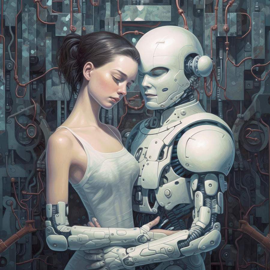Two Lovers 29 Cute Woman and Robot Digital Art by Matthias Hauser