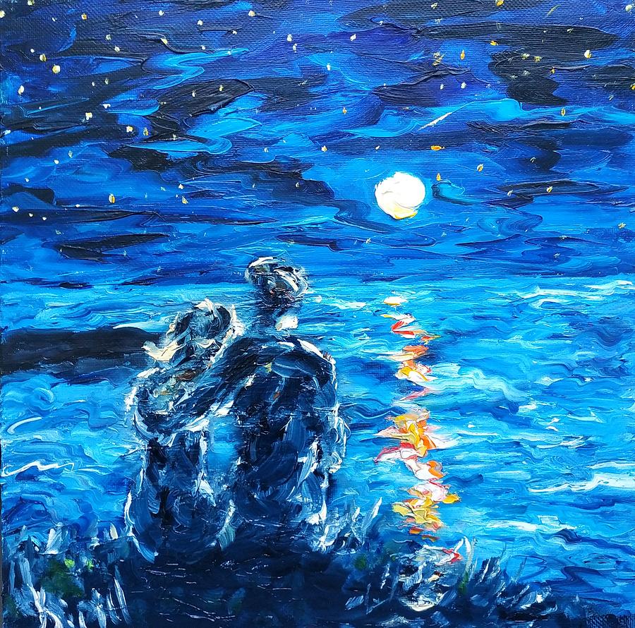 Two lovers are sitting on the seashore under the starry sky Painting by ...