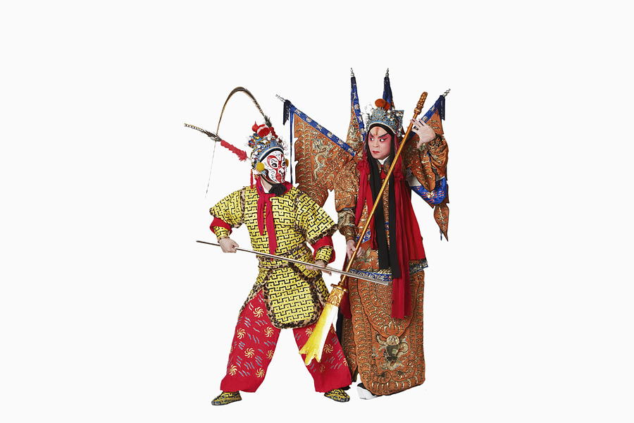 Two male Chinese opera performers gesturing with weapons Photograph by Jack Hollingsworth