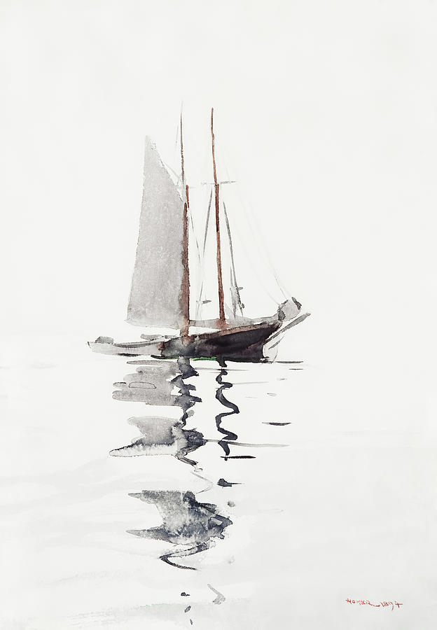 Two Masted Schooner With Dory By Winslow Homer Drawing