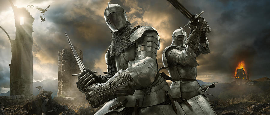 Two Medieval Knights With Swords On Battlefield Near Ruined Monuments Photograph by Peepo