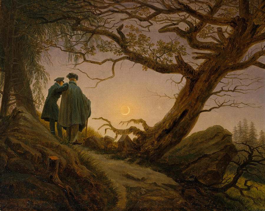 Two Men Contemplating the Moon, 1825-1830 Painting by Caspar David Friedrich