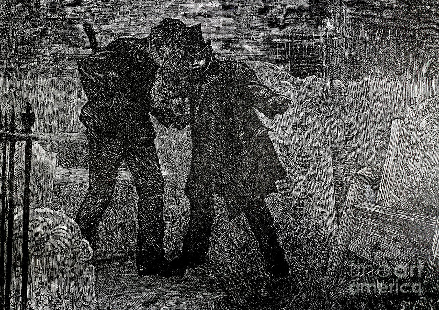 Two men in a graveyard in the dark of night line drawing art Digital Art by Pete Klinger