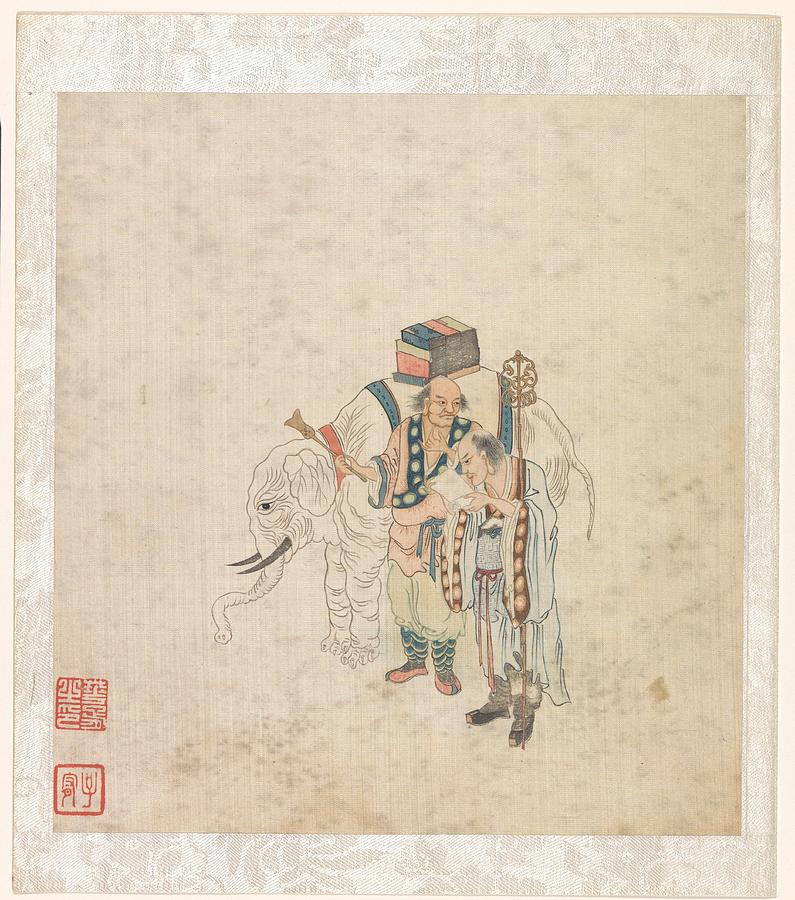 Two Men Next To An Elephant With A Pile Of Books On His Back, Anonymous, Painting
