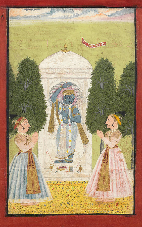 TWO MEWAR PRINCES SHOWING REVERENCE TO KRISHNA, WHO STANDS IN A TEMPLE ALCOVE Udaipur, mid-18th Cent Painting by Artistic Rifki