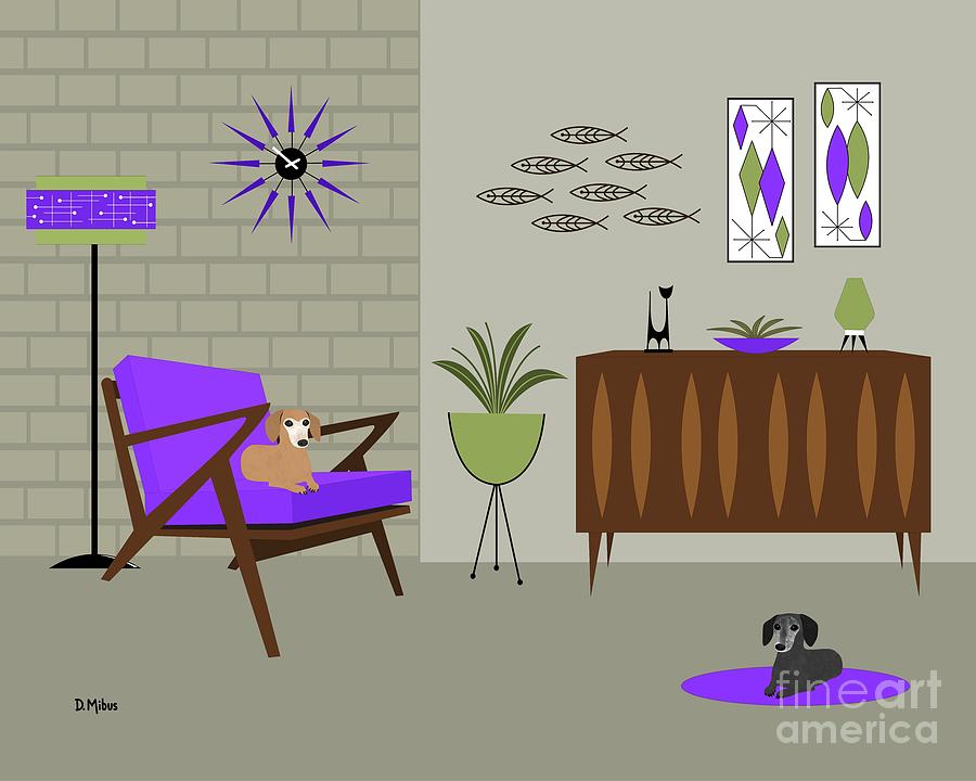 Two Mid Century Dachshunds in Purple Room Digital Art by Donna Mibus