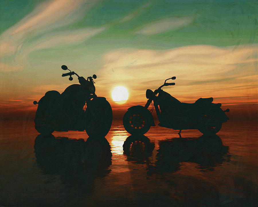 Two motorbikes on the beach at sunset Painting by Jan Keteleer