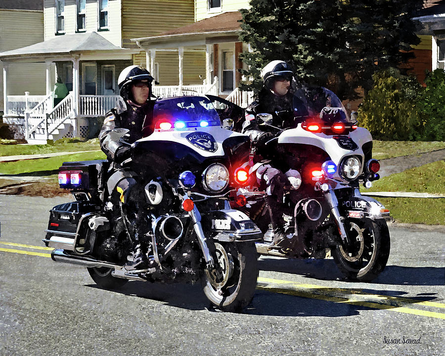 Two Motorcycle Cops With Flashing Lights Photograph by Susan Savad