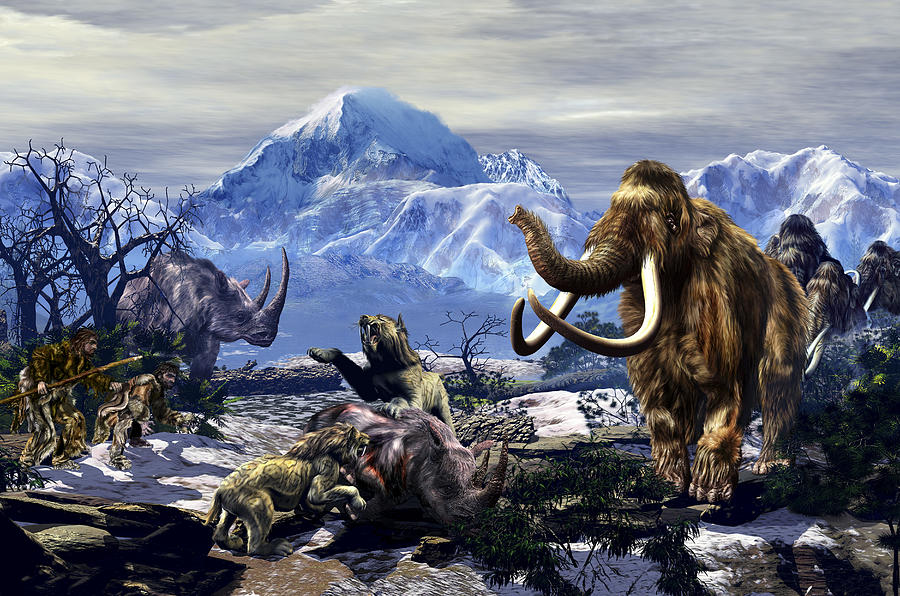 Two Neanderthals aproaching a group of Machairodontinae feeding on a Woolly Rhinoceros with a group of Woolly Mammoths on the far end. Drawing by Kurt Miller/Stocktrek Images