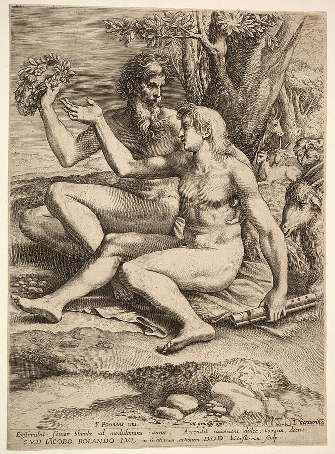 Two Nude Shepherds  Drawing by Lucas Vorsterman