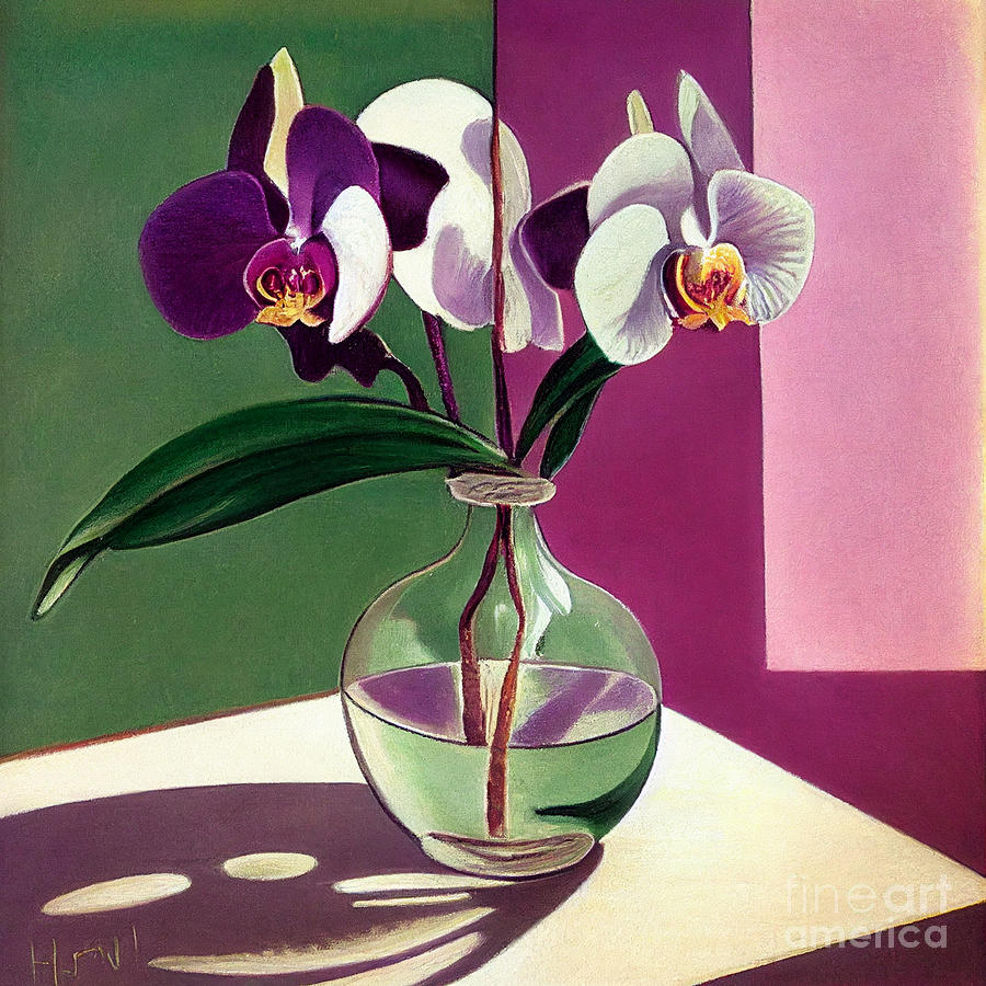 two  orchids  in  a  glass  vase    pastels  by Asar Studios Digital Art by Celestial Images
