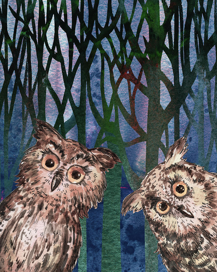 Two Owls In The Night Forest Two Curious Birds Watercolor  Painting by Irina Sztukowski