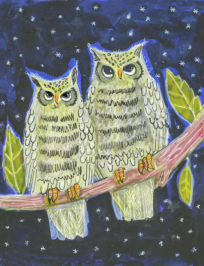 Two Owls in the Twilight Painting by Blenda Studio