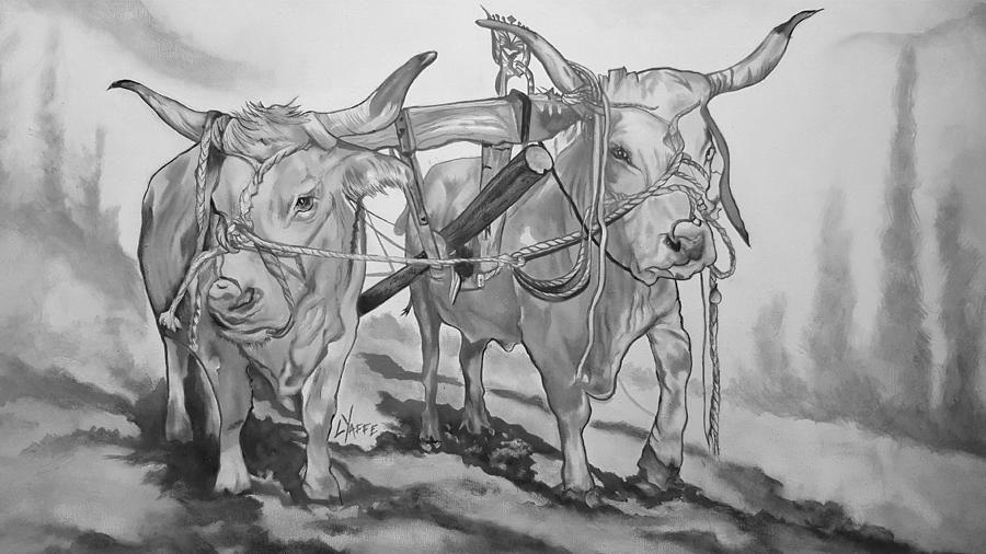 Two Oxen on a Yoke in Black and White Painting by Loraine Yaffe