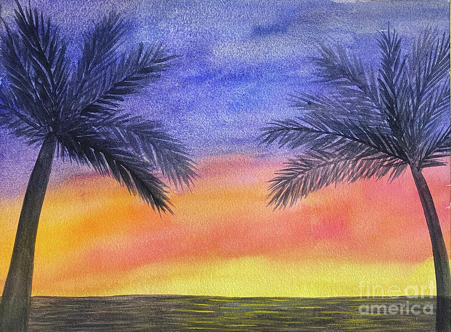 Two Palm Trees at Sunset Painting by Lisa Neuman