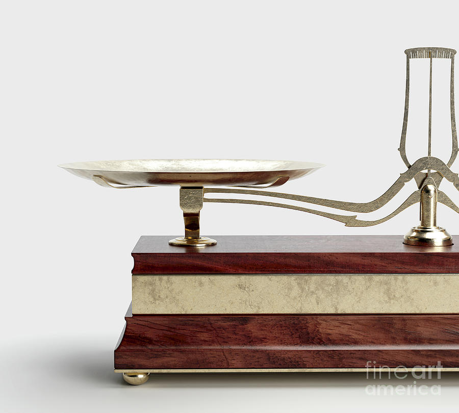Vintage brass scale with weight, pan, and candle holder isolated
