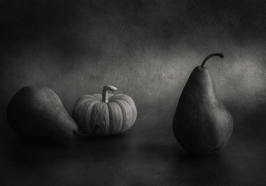 Two Pears And Pumpkin BW Photograph by Mark Fuller