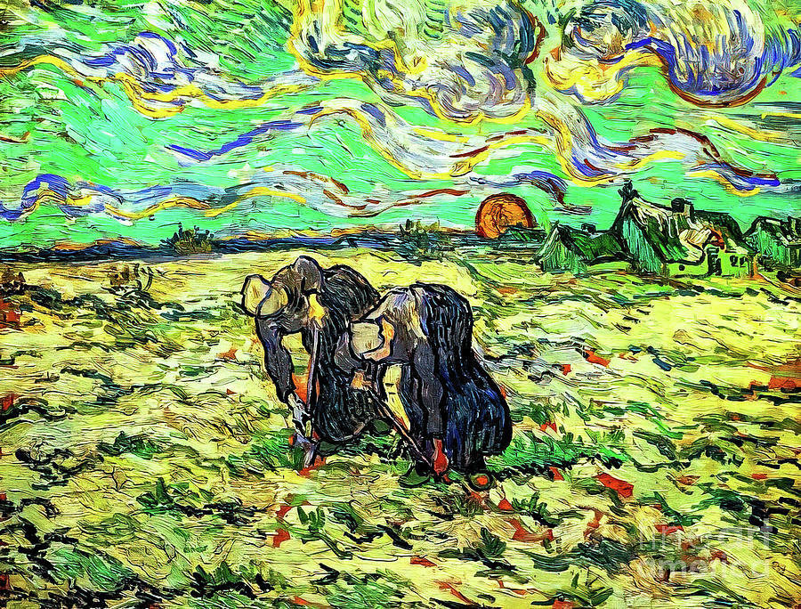 Two Peasant Women Digging in a Field With Snow by Vincent Van Go Painting by Vincent Van Gogh