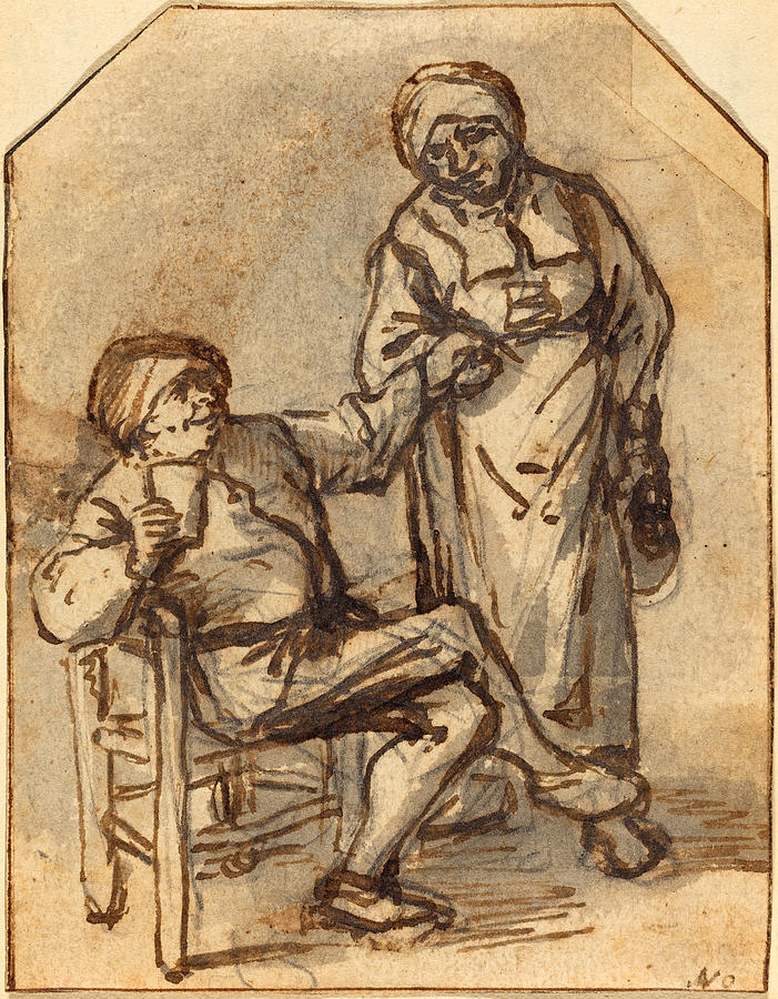 Two Peasants Drinking Drawing by Adriaen van Ostade