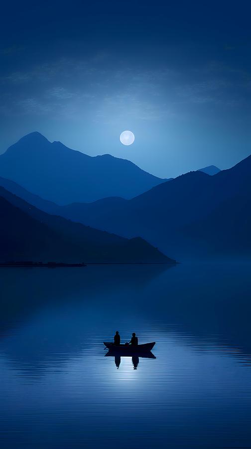 Two People In The Boat Floating On The Water With The Moon, In The ...