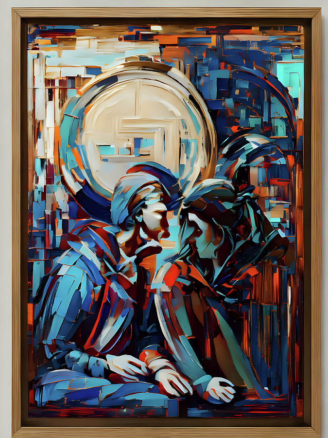 Abstract Painting - Two People Sitting in Front of a Circle by Caleb Ongoro