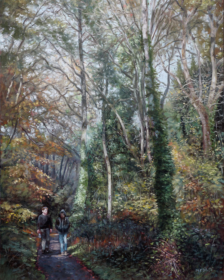 Two people walking through woods at Southampton common Painting by Martin Davey