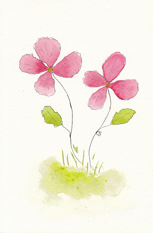 Two Pink Flowers in Pen Ink and Watercolor Mixed Media by Conni Schaftenaar