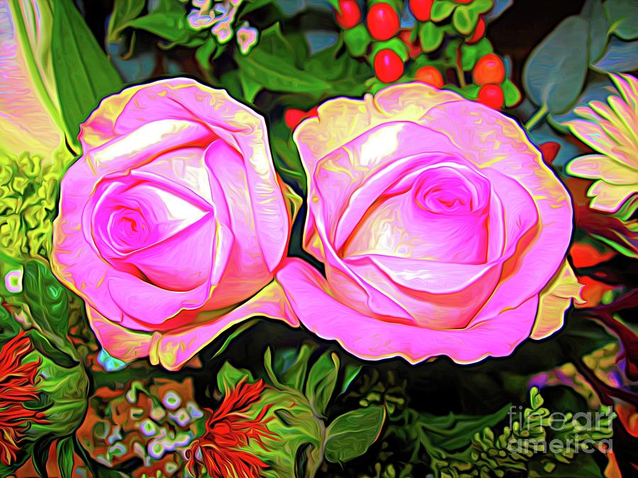 Two Pink Roses Expressionistic Effect Photograph by Rose Santuci-Sofranko