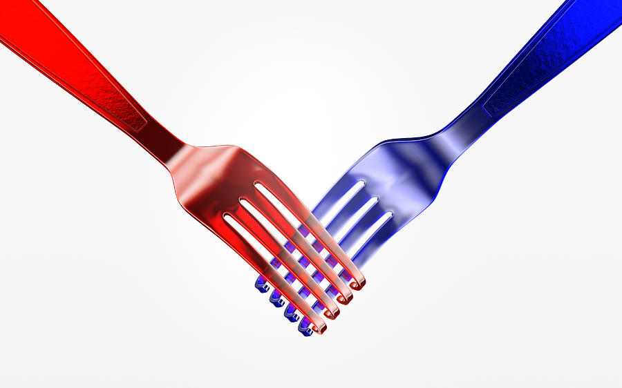 Two plastic forks shaking hands Photograph by I Like That One