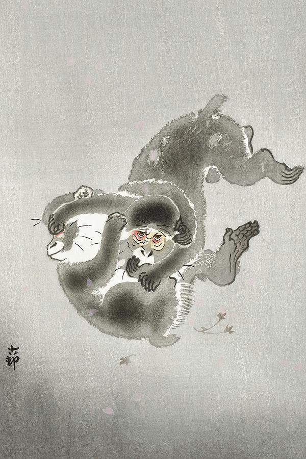 Two playing monkeys Painting by Ohara Koson Two playing monkeys Painting by Ohara Koson