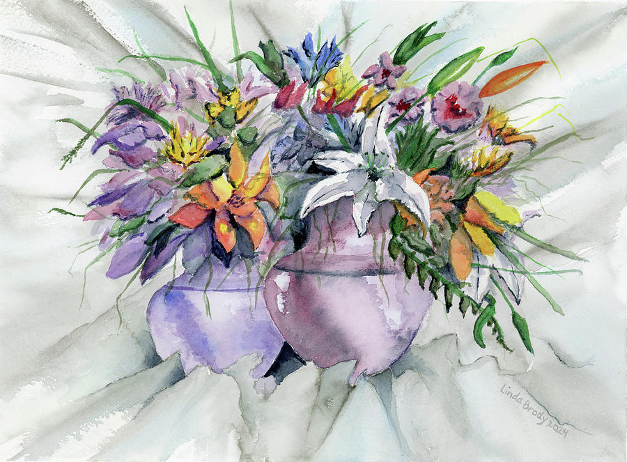Two Purple Vases with Flowers Watercolor Painting by Linda Brody