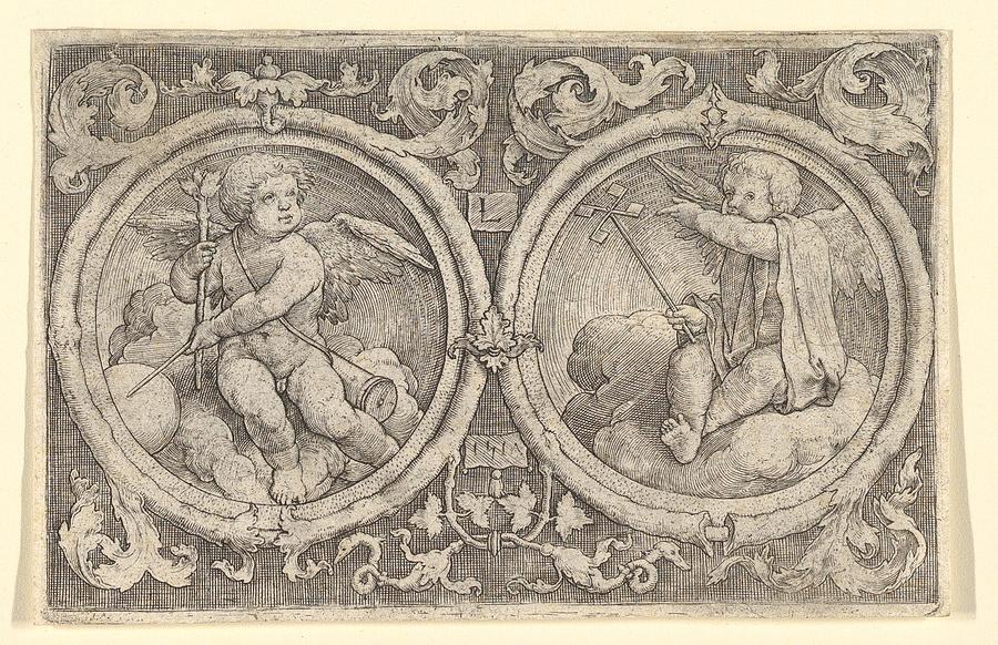 Two Putti Seated in Clouds in Circles with Tendrils   Lucas van Leyden  Painting by MotionAge Designs