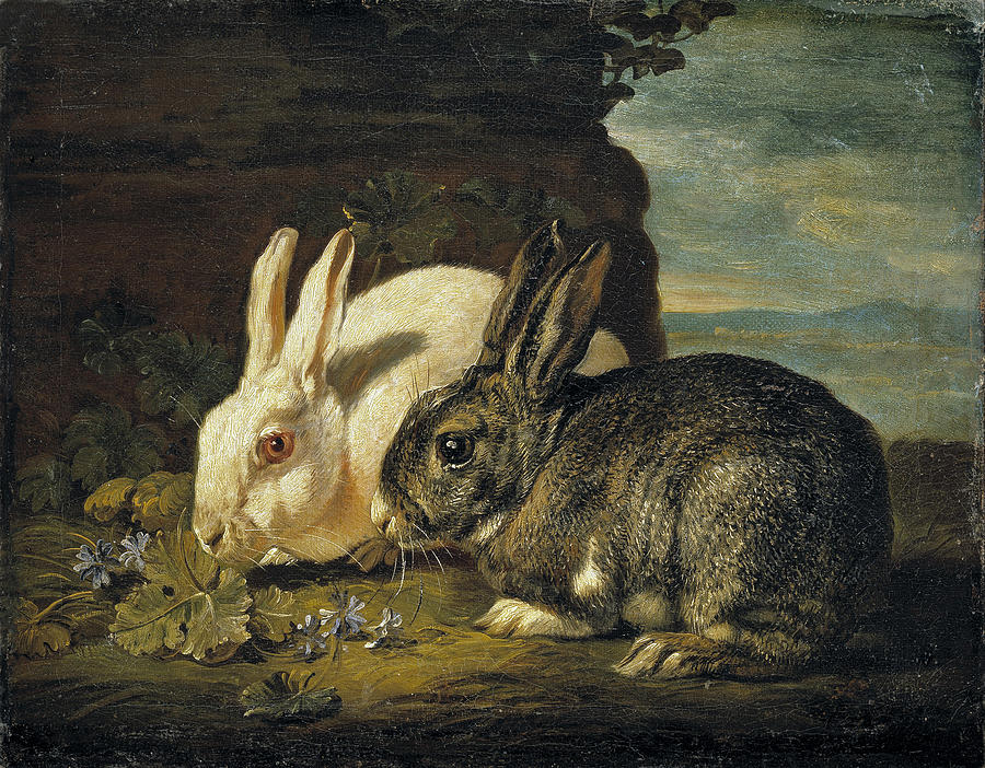 Two Rabbits, Detail from Animal Piece Painting by David de Coninck