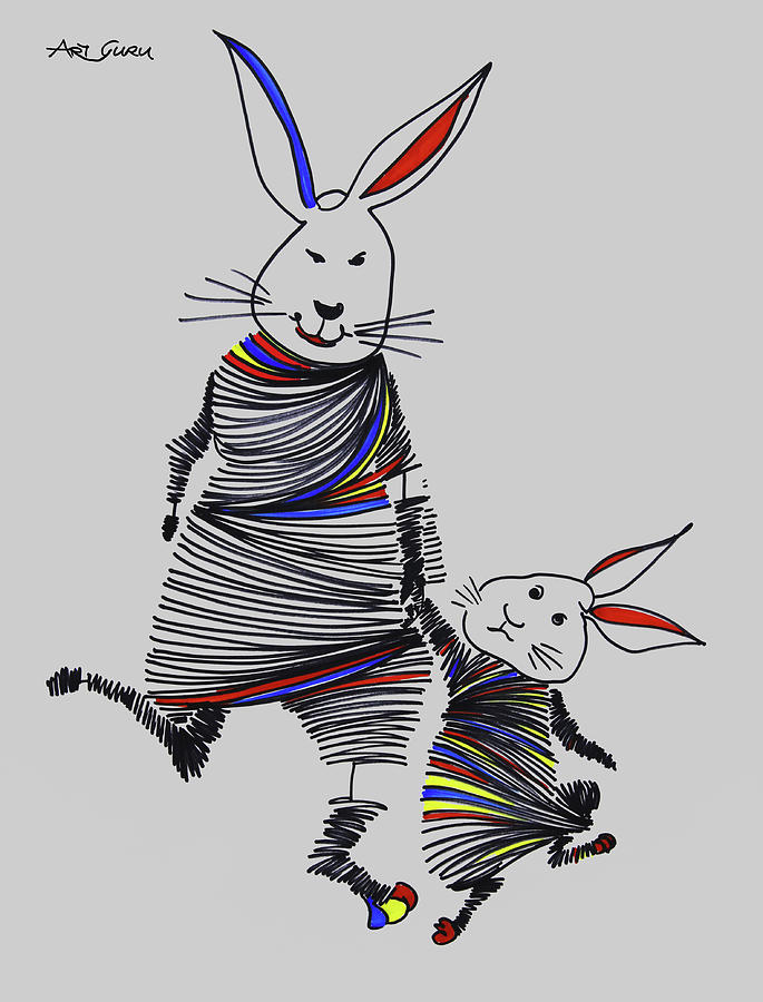Two Rabbits Walking By Art Guru 0577, 22 x 28, - Ink On Paper Drawing by  ArtGuru Official - Pixels
